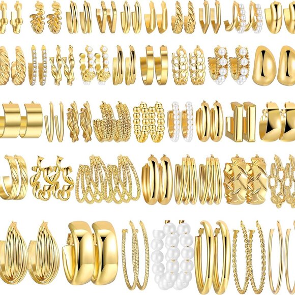 42 Pairs Gold Hoop Earrings Set for Women Assorted Styles Hypoallergenic Jewelry - Picture 1 of 7